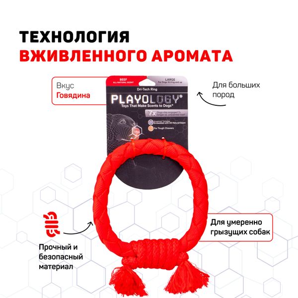 Жевательное кольцо-канат Playology DRI-TECH RING для собак средних и крупных пород с ароматом говядины, цвет красный