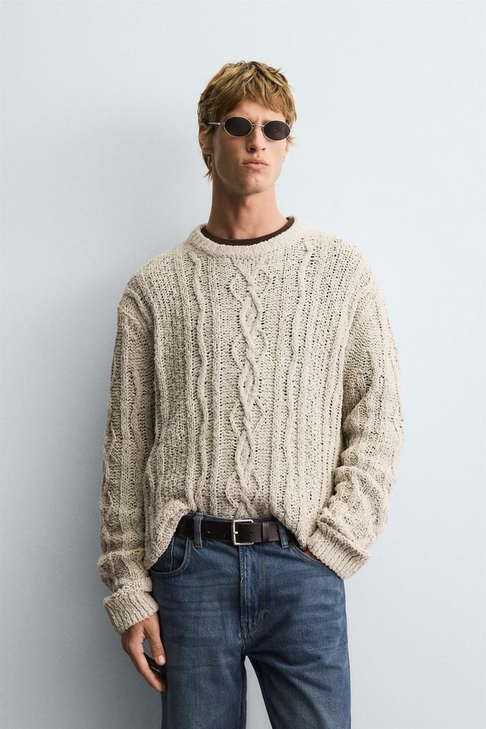 ZARA ТЕКСТУРНЫЙ СВИТЕР С УЗОРОМ «КОСЫ», КАМЕННО-СЕРЫЙ