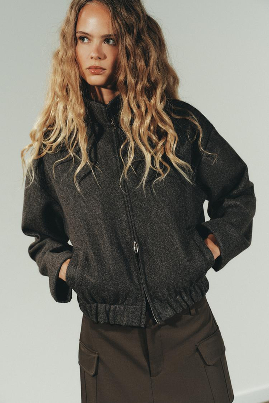 ZARA БОМБЕР ИЗ МЯГКОЙ ТКАНИ, ТЕМНО-КОРИЧНЕВЫЙ