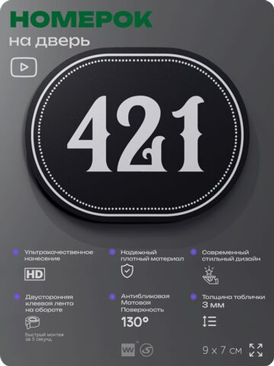 Номерок на дверь квартиры 421, для кабинета, офиса, шильдик 9 х 7 см, черный, Айдентика Технолоджи