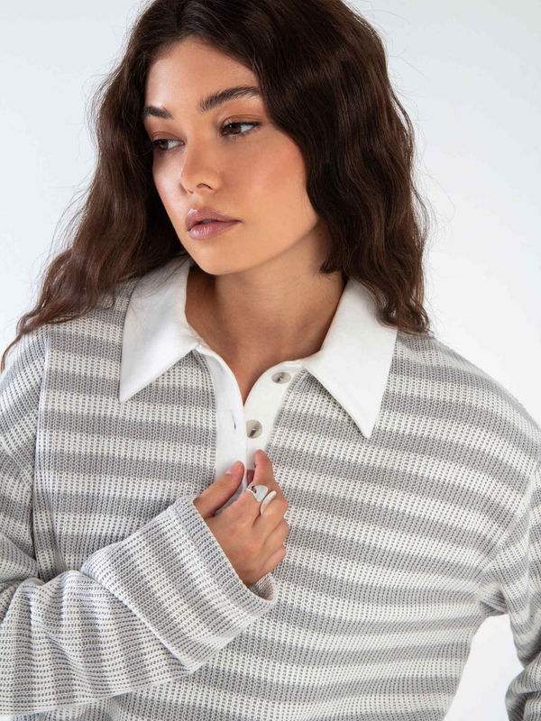 Свитшот-поло вязанный в полоску (Серый)