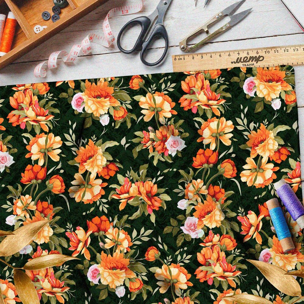 Ткань атлас оранжевые цветы со вкусом ностальгии