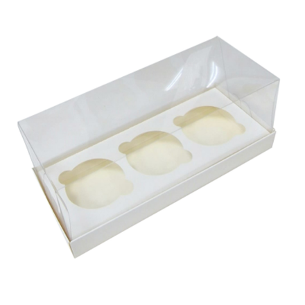Упаковка для капкейков (3 ячейки) с прозрачным куполом ПРЕМИУМ (белая) 24*11*10 см
