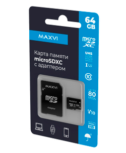 Карта памяти Maxvi microSDXC 64GB, class 10, UHS-I (1), V10 (MSD64GBC10V10)