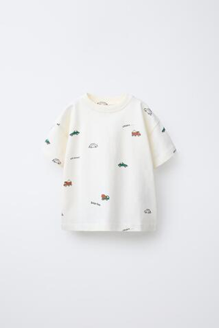 ZARA ФУТБОЛКА С ПРИНТОМ, ЭКРЮ