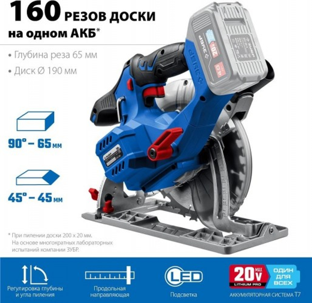 Пила циркулярная аккумуляторная ЗУБР CPB-190 бесщеточная, без АКБ и ЗУ Профессионал