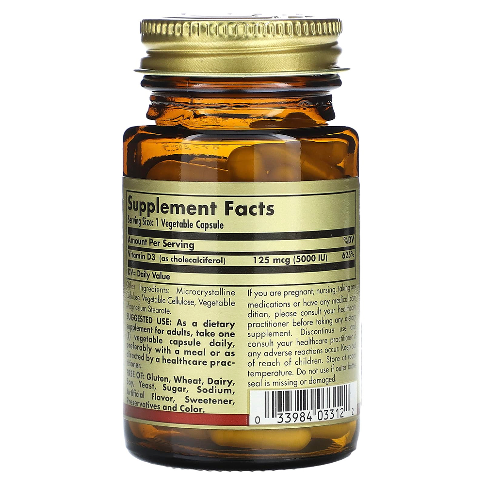 Solgar, Витамин D3, 125 мкг (5000 МЕ), 60 растительных капсул