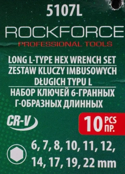 Ключи Г-образные 6-гранные длинные, набор 10пр. (6-8, 10-12, 14, 17, 19 22мм) RockForce RF-5107L