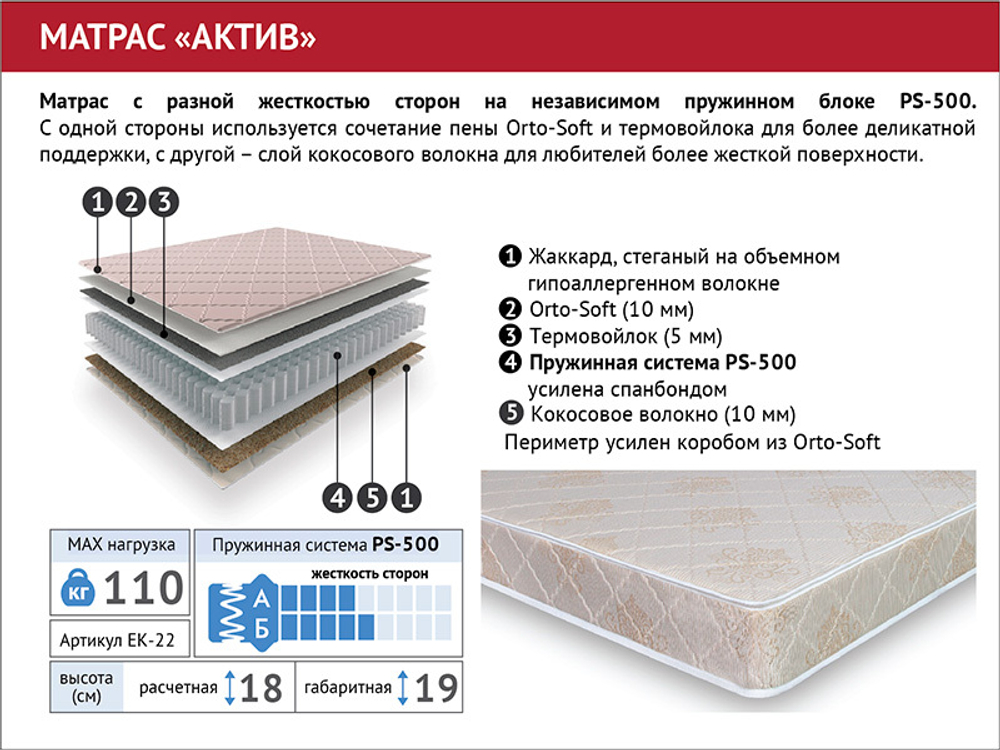 Матрас Актив 90*200 ПС500 ЕК-22 Мелодия Сна
