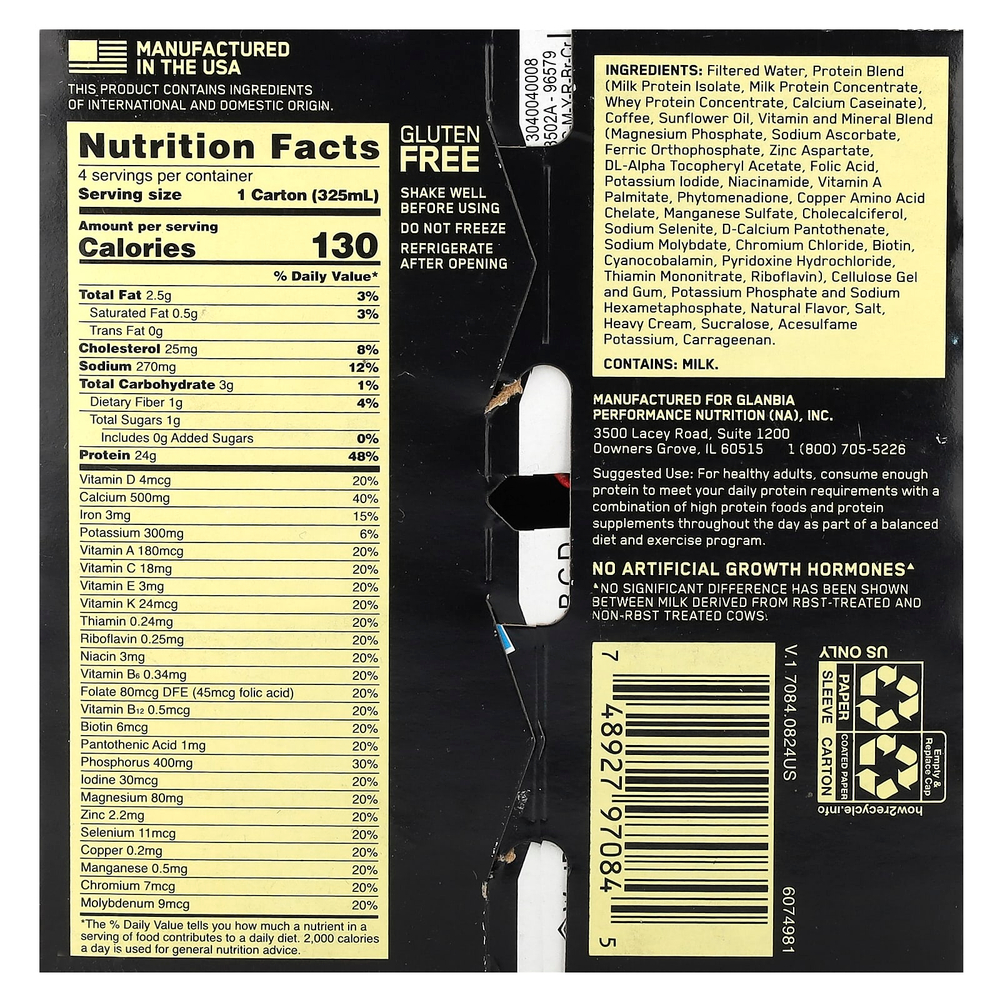 Optimum Nutrition, Gold Standard®, протеиновый коктейль, кофейный латте, 4 коробки по 325 мл (11 жидк. Унций)