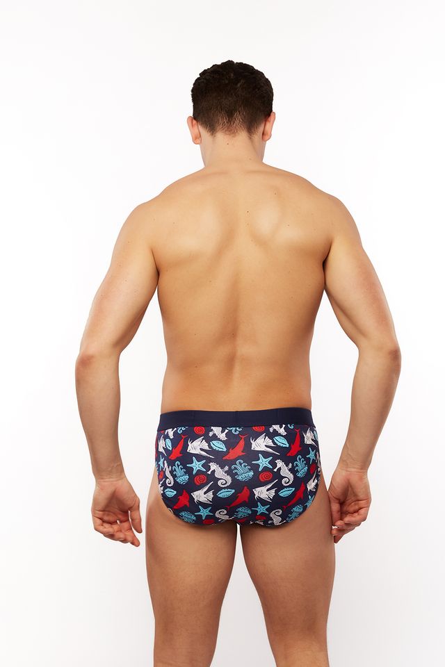 Темно-синие мужские трусы-слипы с ярким принтом на морскую тематику