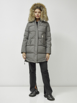 Куртка женская зимняя с мехом енот премиум класса серого цвета 386Sr