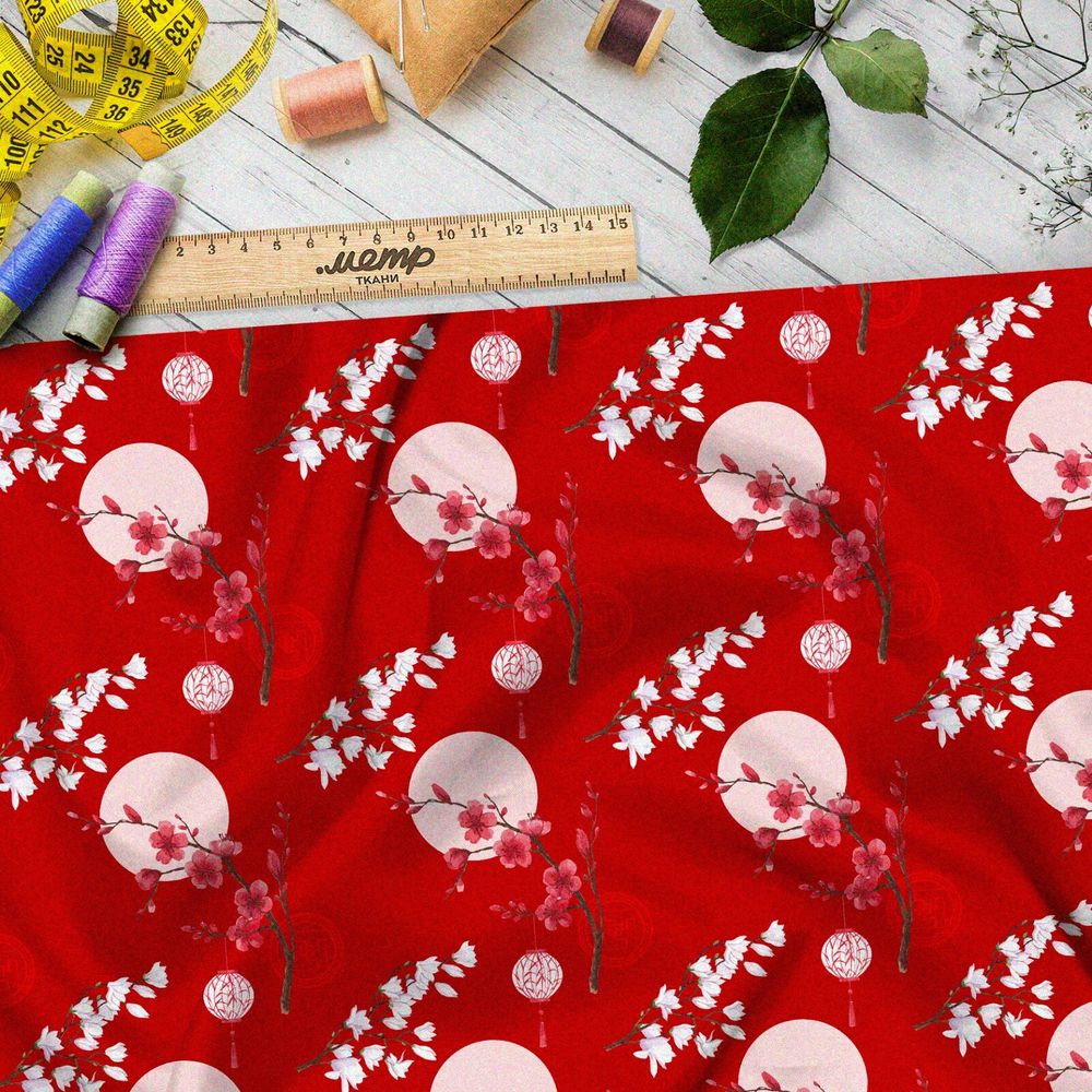 Ткань дюспо цветущая сакура на фоне полной луны и красного неба