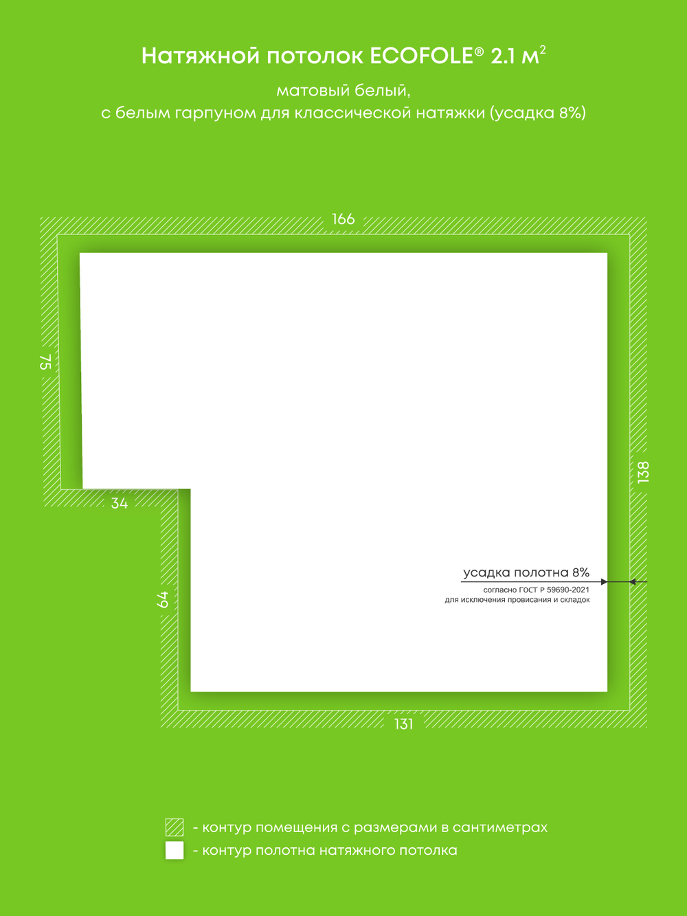 Матовый натяжной потолок 2.1 м2