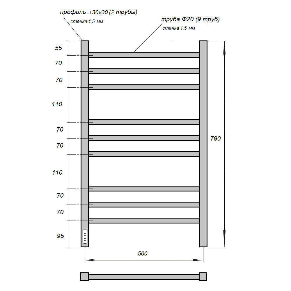 Полотенцесушитель электрический Point Веста PN70758BR П9 500x800, диммер слева, бронза