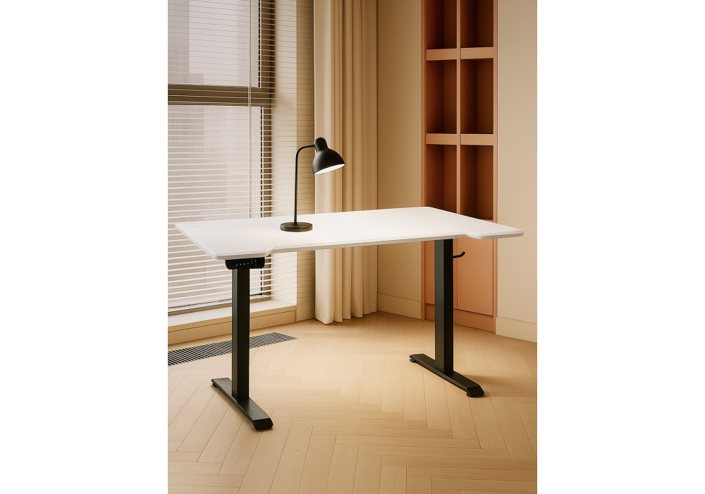 Компьютерный стол Woodville Маркос с механизмом подъема 140х80х75 белая шагрень, черный