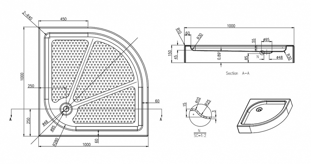 Поддон акриловый Azzario EDMONTON 100x100x15 P210 R/L  схема