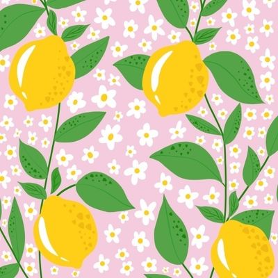 Лимоны и цветы на нежно-фиолетовом фоне