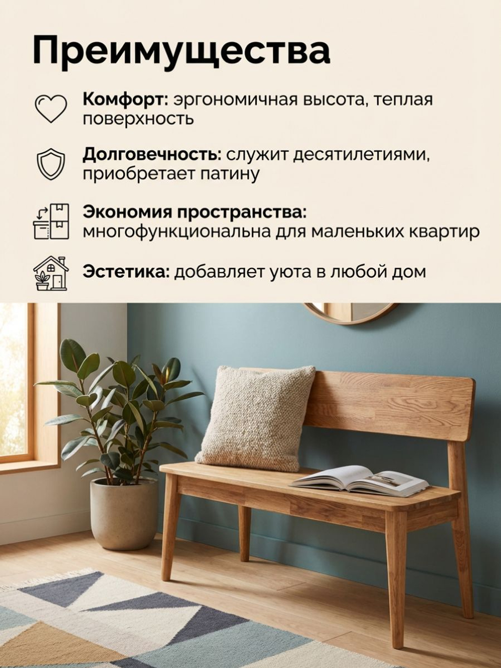 Банкетка в прихожую, 103х34х66, Мудэ, скамья, с ящиком для хранения, для кухни и столовой, из дуба, MAKOSA