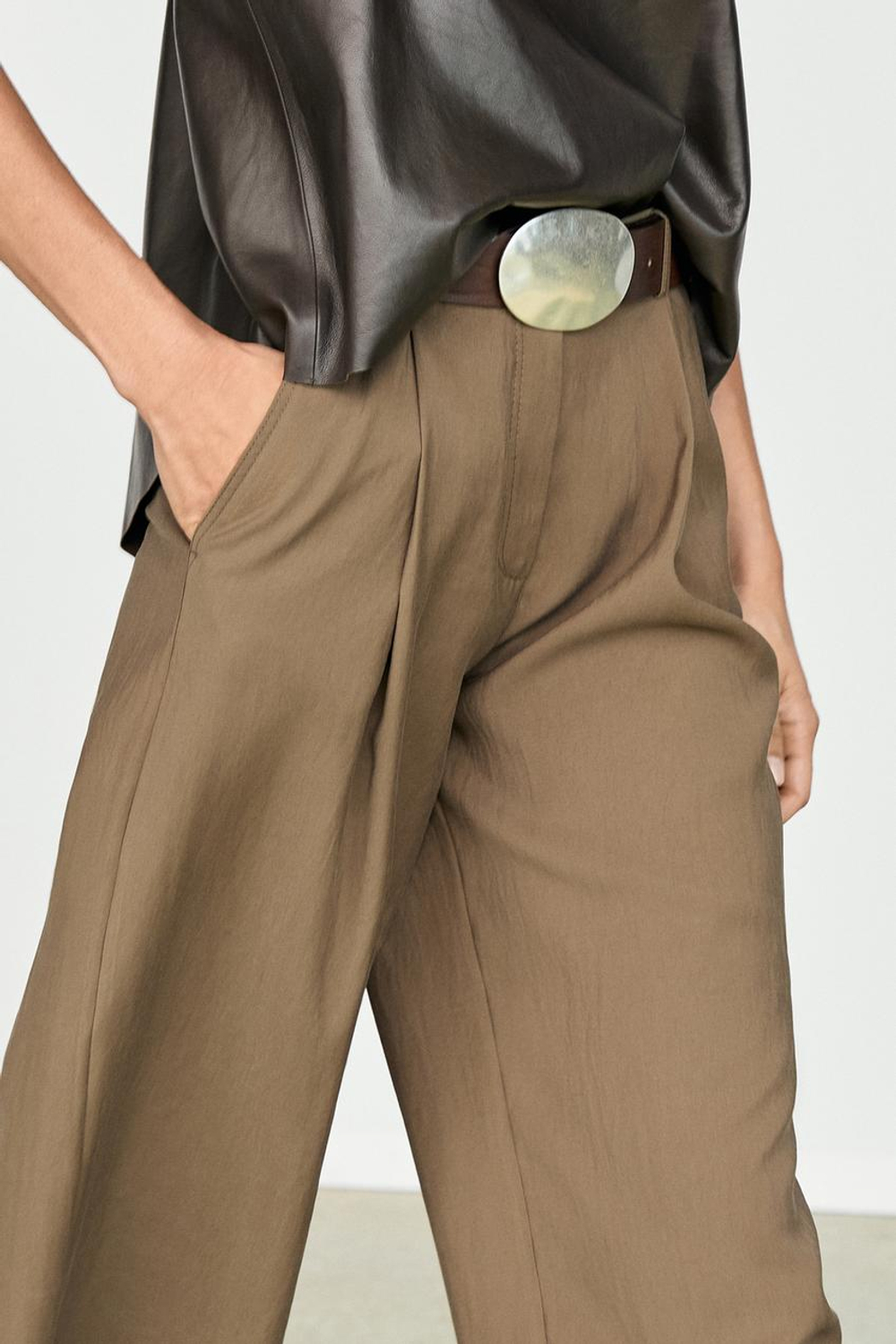 Massimo Dutti Драпированные укороченные широкие брюки, хаки