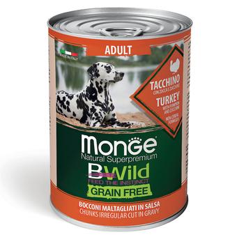 Влажный корм Monge Dog BWild GRAIN FREE для взрослых собак, из индейки с тыквой и кабачками, консервы 400 г - 24 шт