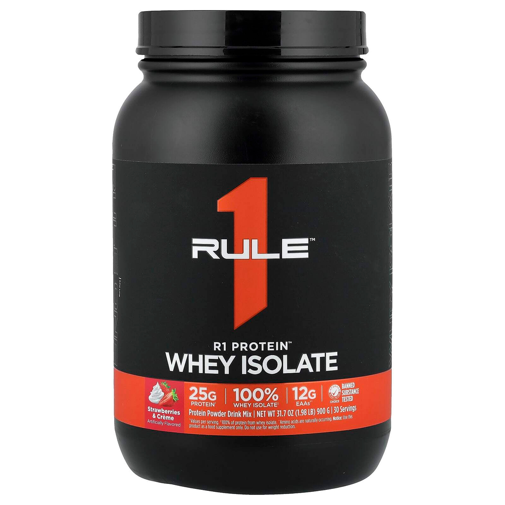 Rule One Proteins, R1, протеиновая смесь для приготовления напитка, со вкусом клубники с кремом, 900 г (1,98 фунта)