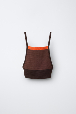 ZARA ТОП ИЗ КРУЖЕВА КРОШЕ В КОНТРАСТНУЮ ПОЛОСКУ, КОРИЧНЕВЫЙ