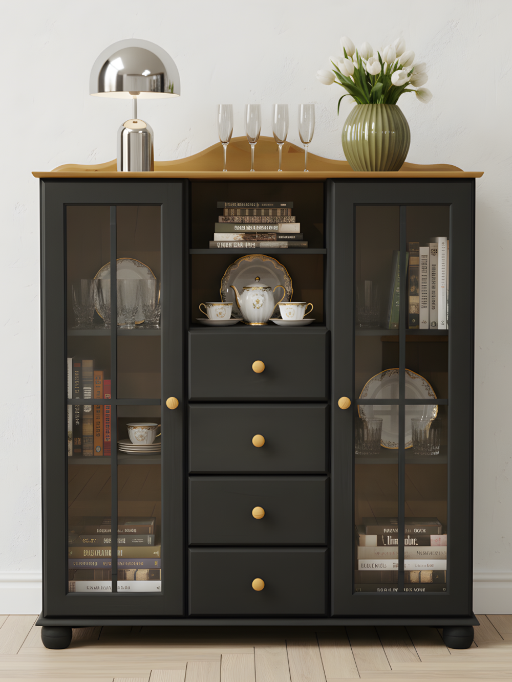 Шкаф-витрина двухдверная Бритта из сосны, с 4 ящиками, 113х32х128 см, серый/антик