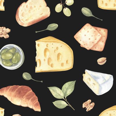 Сыр, выпечка и закуски на черном / Cheese, pastries and snacks on black