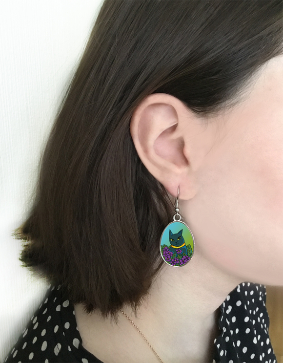 Серьги "Котик с фиалками"