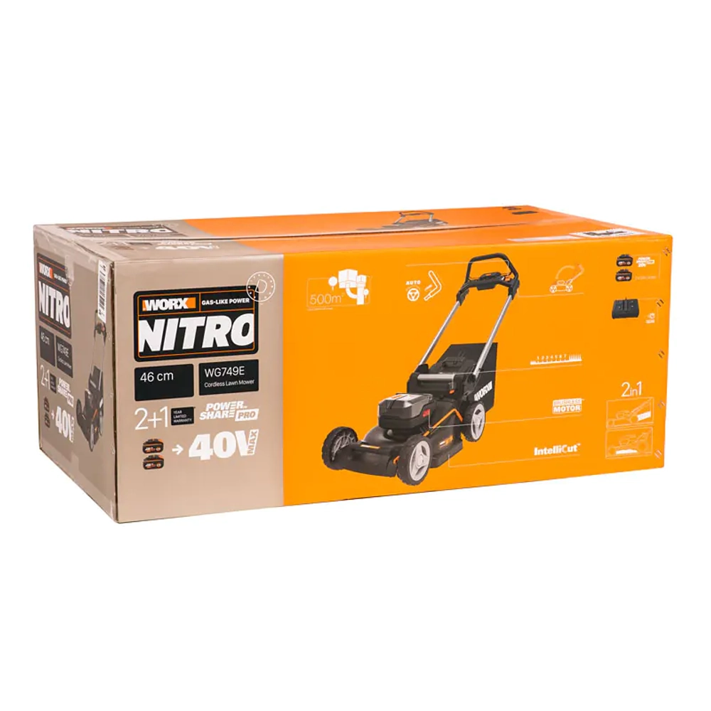 Аккумуляторная газонокосилка WORX WG749E 20В самоходная (2 x 4 Ач, ЗУ) нож 46 см, WG749E