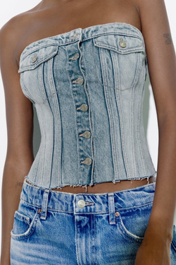 ZARA ДЖИНСОВЫЙ ТОП В БЕЛЬЕВОМ СТИЛЕ TRF, ГОЛУБОЙ