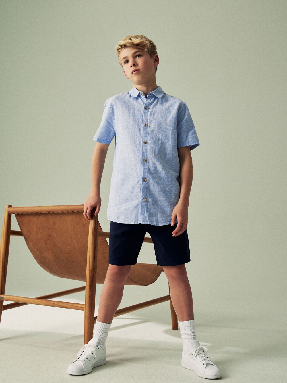 Рубашка льняная с коротким рукавом для мальчика Next 907-584, Голубой