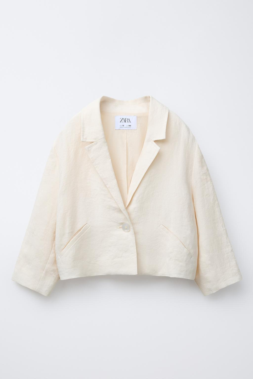 ZARA УКОРОЧЕННЫЙ БЛЕЙЗЕР ИЗ 100% ЛЬНА, ЖЕЛТОВАТО-БЕЛЫЙ