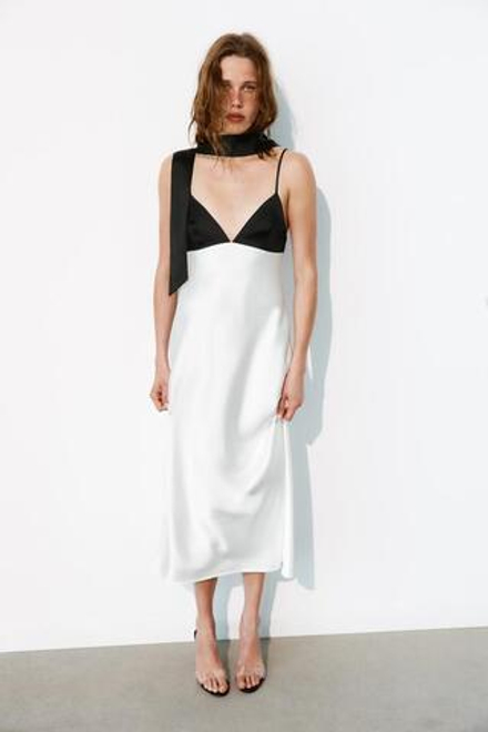 ZARA КОМБИНИРОВАННОЕ ПЛАТЬЕ-КОМБИНАЦИЯ С ШАРФОМ, БЕЛЫЙ