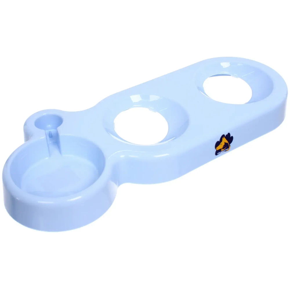 Миски пластиковые на подставке 2шт с дозатором под бутылку «МУРОЧКИН», цвет небесный, 22*40*14*13см/250мл