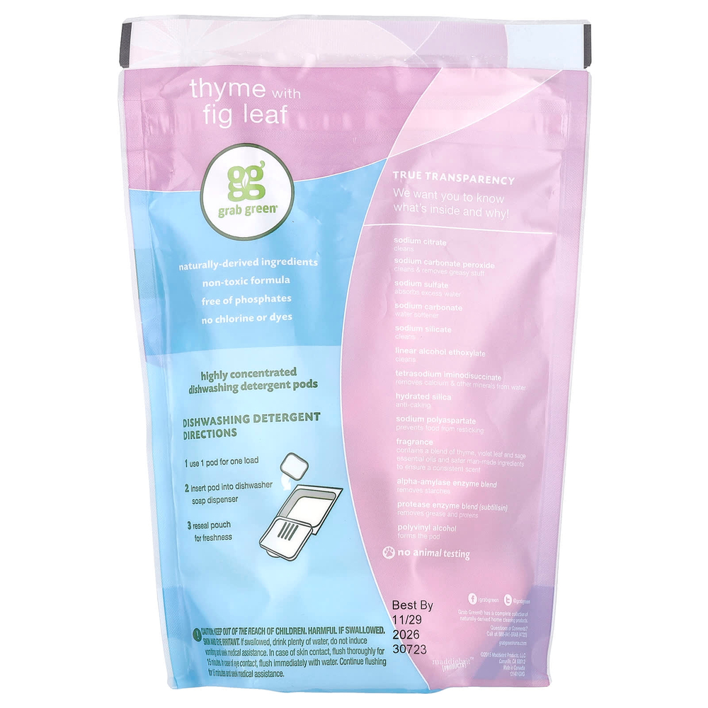 Grab Green, Капсулы со средством для автоматического мытья посуды, чабрец с листом инжира, 24 порции, 432 г (15,2 унции)