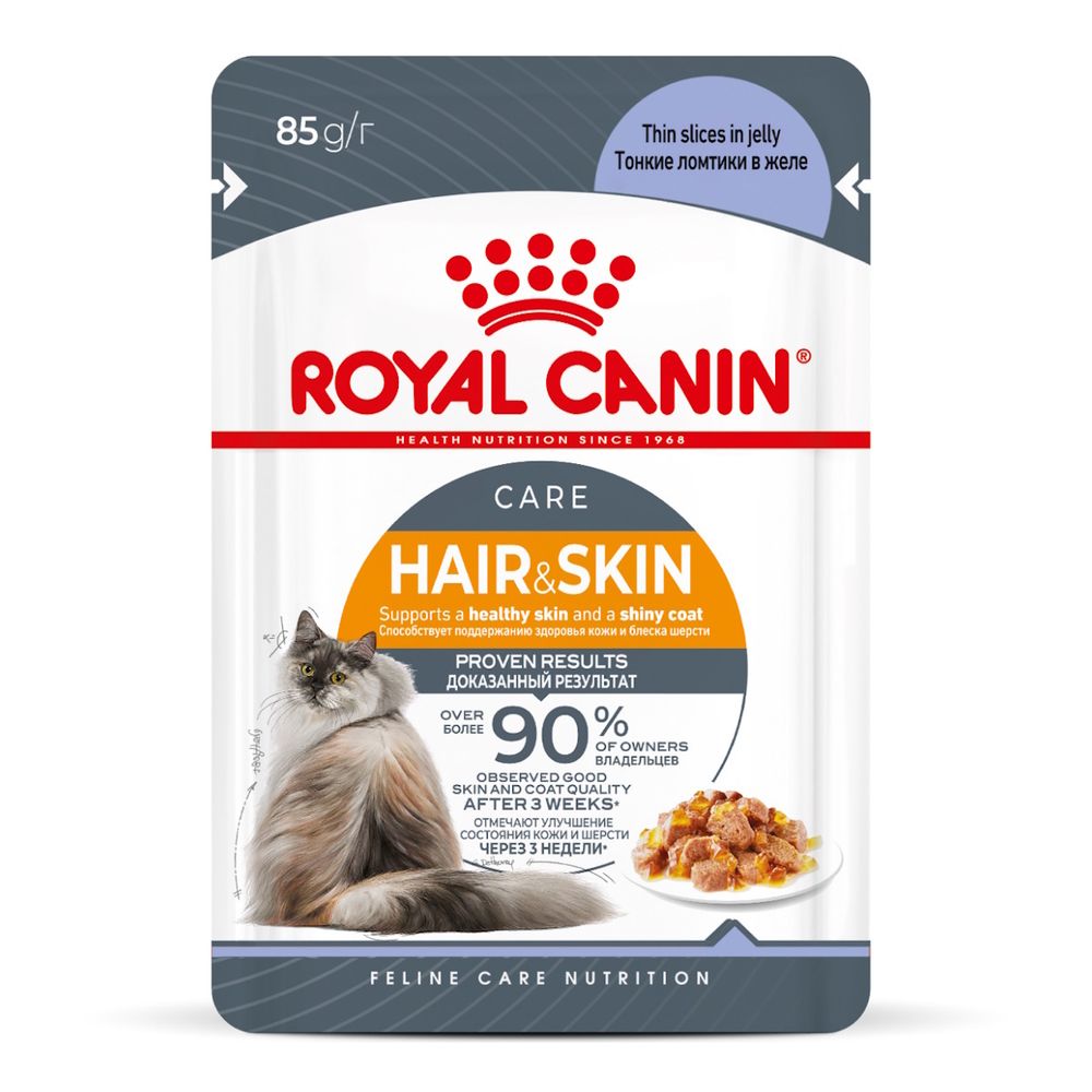 Пауч Royal Canin Hair&Skin Care для взрослых кошек для поддержания здоровья кожи и красоты шерсти, тонкие ломтики в желе Пауч Royal Canin Hair&Skin Care для взрослых кошек для поддержания здоровья кожи и красоты шерсти, тонкие ломтики в желе