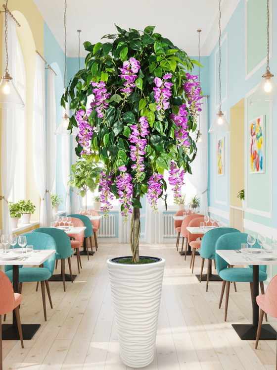 Искусственное дерево Акация лиловая 170см в высоком круглом белом кашпо