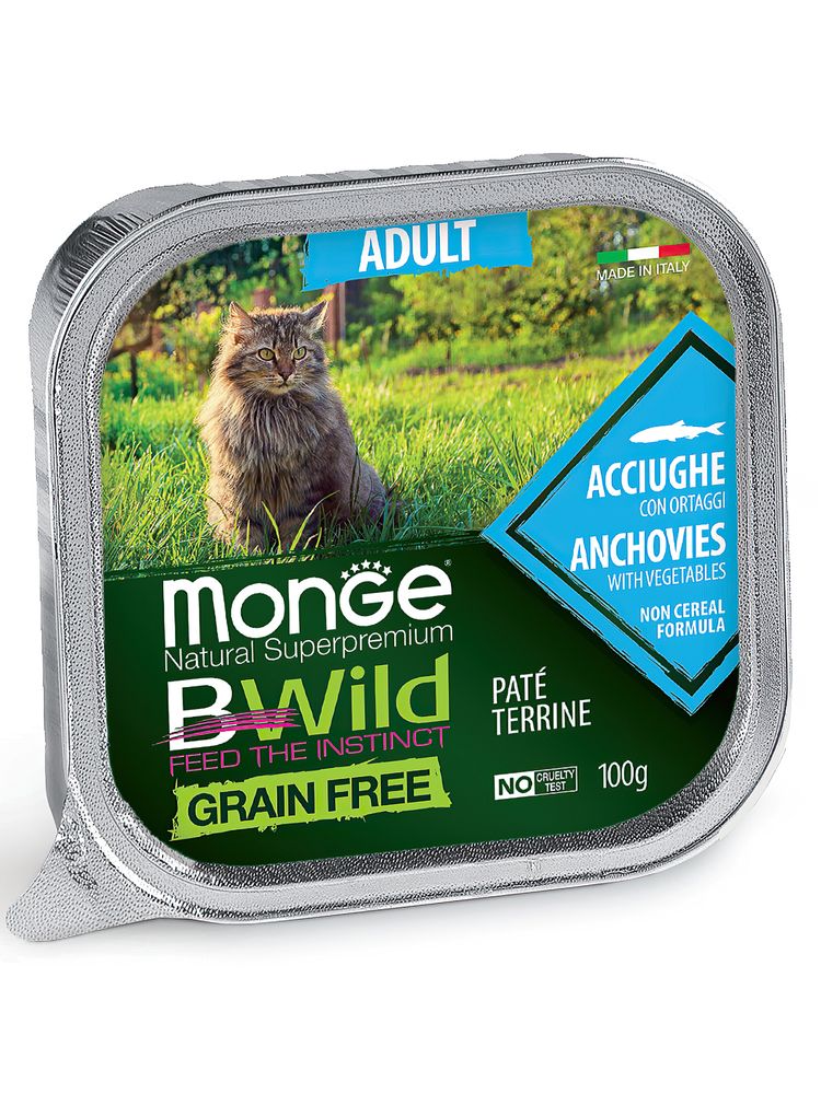 Влажный корм Monge Cat BWild GRAIN FREE для взрослых кошек, беззерновой, из анчоусов с овощами 100 г