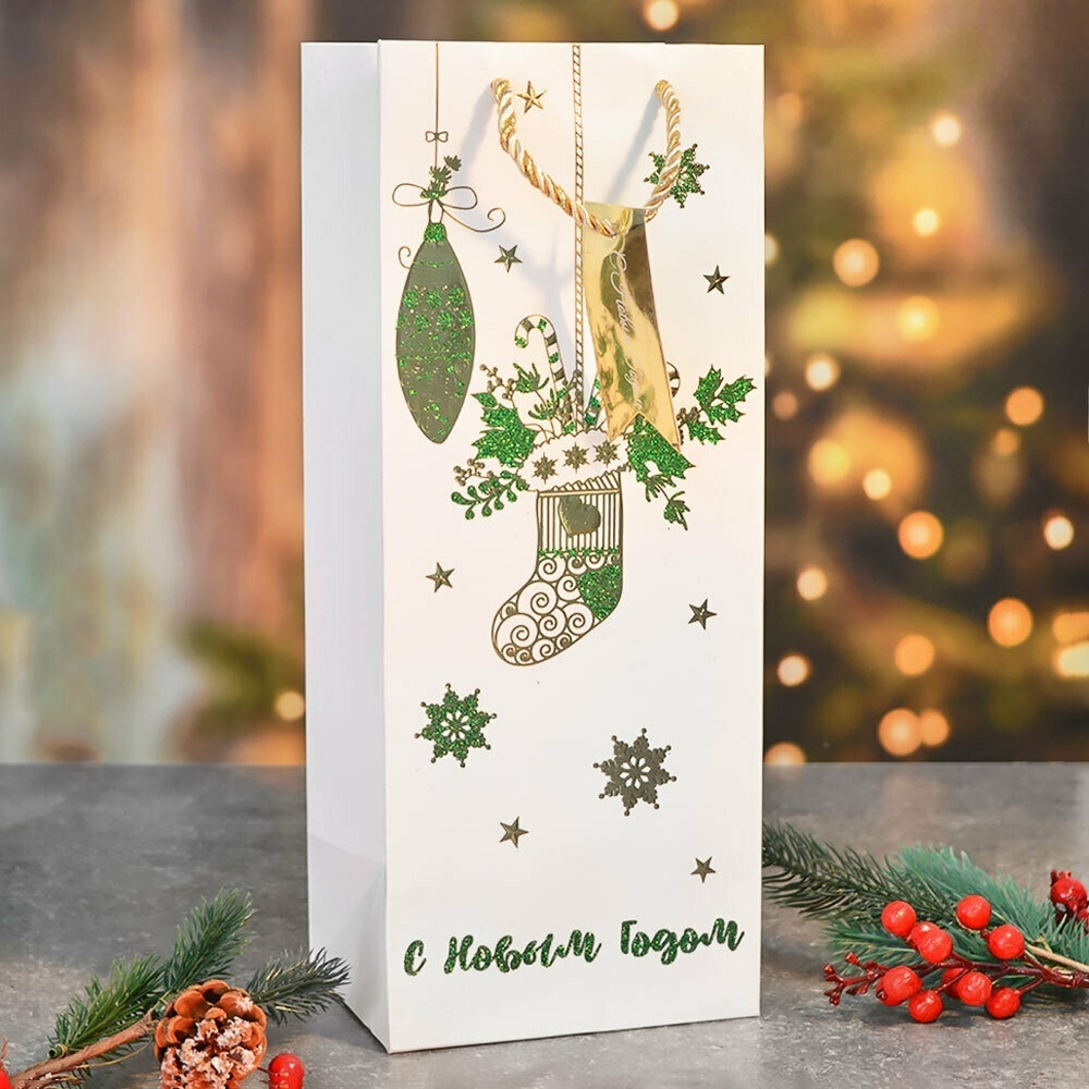 Пакет бумажный 14*35*11см с ручками "Новый год" (микс 434)