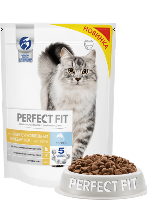 Сухой корм Perfect Fit Sensitive для кошек с чувствительным пищеварением, с лососем, 650 г