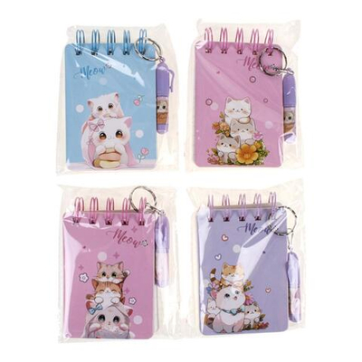 Блокнот "Кошечки" на спирали 45л линия с брелком-миниручкой 5,5см 4 цвета