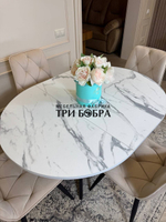 Круглый раздвижной стол "Лофт", белый мрамор и стулья "Ральф" бежевый