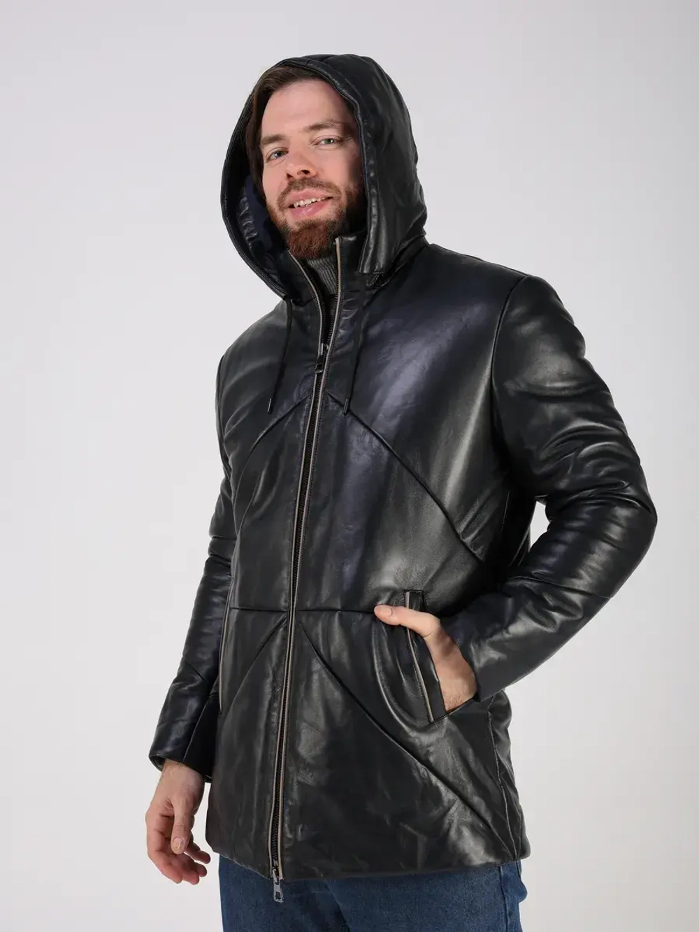 Куртка зимняя кожаная с капюшоном пуховик