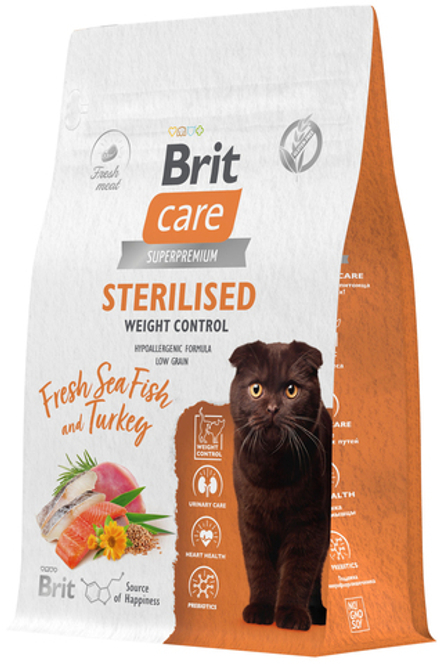 Brit Care 400гр Superpremium Sterilised Weight Control Sea Fish & Turkey Корм для стерилизованных кошек, низкозерновой  контроль веса, c индейкой и морской рыбой