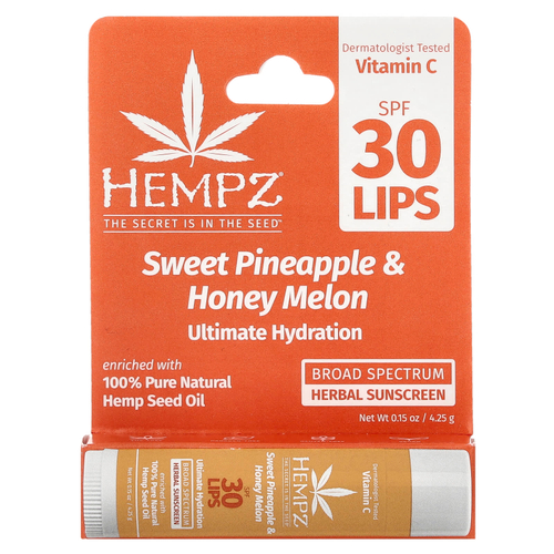 Hempz, Травяное солнцезащитное средство для губ, SPF 30, сладкий ананас и медовая дыня, 4,25 г (0,15 унции)