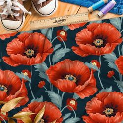 Ткань премиум шифон крупные маки на синем