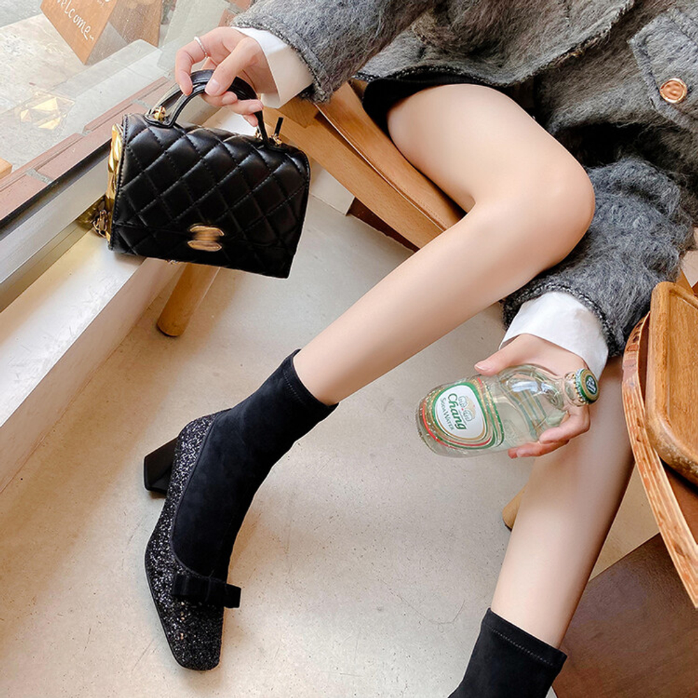 JIUXINGDAO Stretch Boots Sheepskin Ankle Boots 5.5cm Women"s
