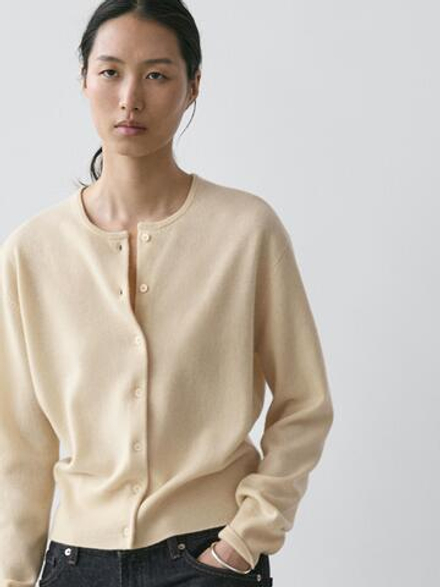 Massimo Dutti Кардиган из шерстяного трикотажа с круглым вырезом, ванильный